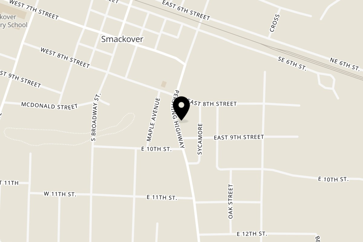 Map showing the location of Smokin Joe’s Pit Stop BBQ on 809 Pershing Hwy in Smackover